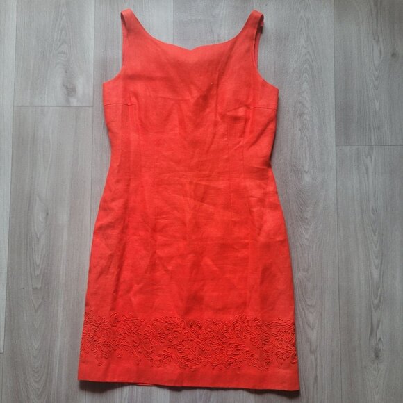 Vintage Donna Morgan Red Linen Dress Size 8 Sleeveless Embroidered Floral Detail - Picture 5 of 9